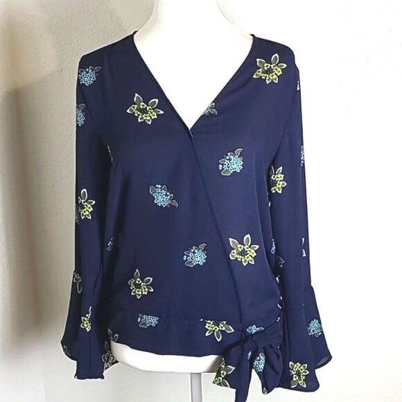 Loft Navy Blue Floral Blouse, Bell Sleeves, Cross over to Tie on Side,Size Small - Picture 1 of 10